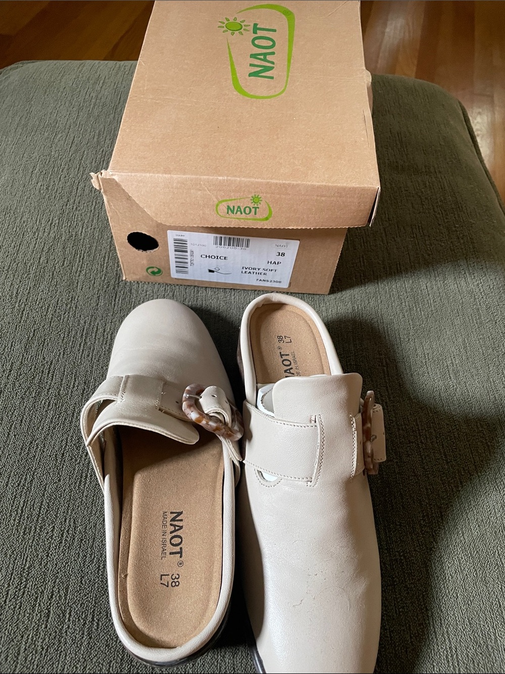 Naot Ivory Leather Slip-On Mules with Tortoiseshell Buckle